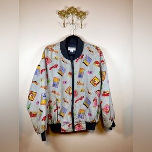 Carol Horn Workshop Vintage 90’s Colorful Travel Bomber Jacket  Size M 100% silk
